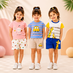 Kitty Print, Lucky Kid Car Print & Giraffe Print Girls Pack of 3 Summer Cotton Co-Ord Sets ( Pack of three )
