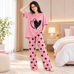 Pink Heart Print Night Dress For Women