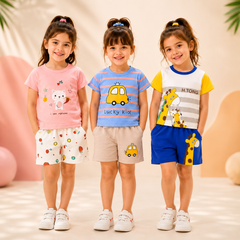Kitty Print, Lucky Kid Car Print & Giraffe Print Girls Pack of 3 Summer Cotton Co-Ord Sets ( Pack of three )