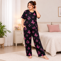 Black Pink Butterflies Print Night Dress For Women
