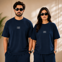 Midnight Blue Drop-Shoulder T-Shirt with Center Logo Unisex