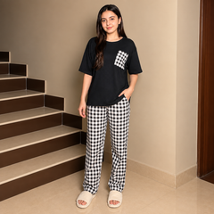 Navy Blue Checkered Print Night Dress For Women