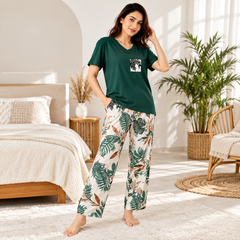 Women’s Tropical Leaf Printed Night Suit For Women