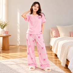 Pink Bow Print Striped Night Dress For Women