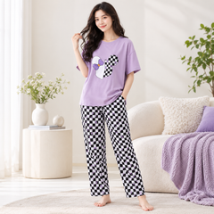 Purple Graphic and Checkered Print Night Dress For Women