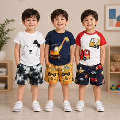 Cat, Excavator & Construction Vehicle Premium Cotton T-Shirt & Shorts Co-Ord Set (Pack of 3)