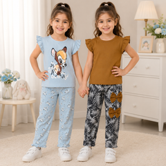 Girls Cotton Flutter Sleeve T-Shirt & Printed Trouser 2-Piece Pack of two
