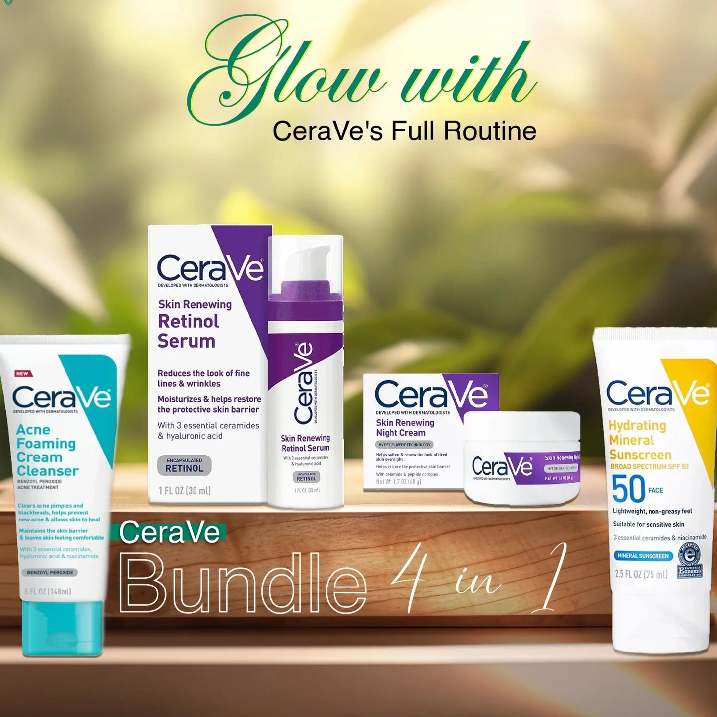CERAVE 4-in-1 Skincare Kit | Cleanser, Night Cream, Retinol Serum & Sunscreen