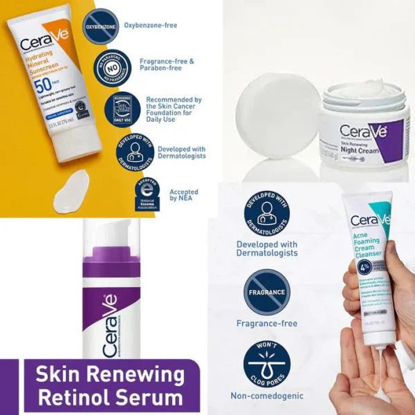 CERAVE 4-in-1 Skincare Kit | Cleanser, Night Cream, Retinol Serum & Sunscreen