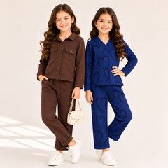 V Neck Blue Heart + Brown Full Sleeves Shirt Double Poket (Pack of 2)