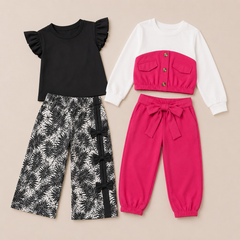 PInk Blush Belle Poket + Black shirt with riboon style pajama (Pack of 2)