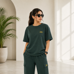 Unisex Drop-Shoulder T-Shirt – Forest Green with Side Logo