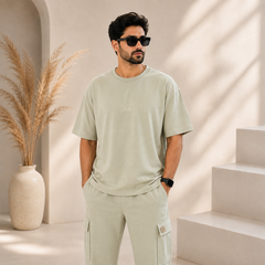 Unisex Drop-Shoulder T-Shirt – Sage Green with Center Logo