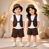 Brown Explorer Vest & Shorts Set with Cap for Kids