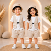 Cream Explorer Vest & Shorts Set with Cap for Kids