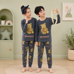 DARK GREY TEDDY BEAR PRINTED KIDS WEAR