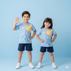 BLUE CARE BEAR PRINT SHORT-SLEEVE TEE & SHORTS SET