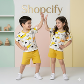 YELLOW GREY DINOSAUR PRINTED SHORT SLEEVE KIDS WEAR