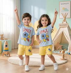 SKY BLUE SPACE PRINTED KIDS SHORT SLEEVE KIDS WEAR