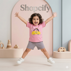 Pink Mini Car Printed Short Sleeve Kids Wear