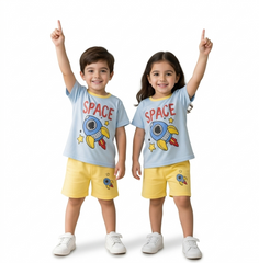 SKY BLUE SPACE PRINTED KIDS SHORT SLEEVE KIDS WEAR