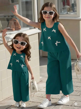 Green : Girls Stylish Sleeveless Top & Wide-Leg Pants Co-Ord Set