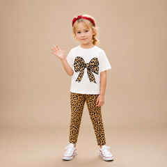 Leopard Bow Kids Co-Ord Set – Trendy T-Shirt & Printed Tights