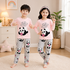 Lovely Panda Kids Pajama Set Pink & Grey – Cute Cartoon Night Suit for Girls