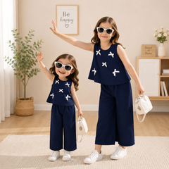 Blue : Girls Stylish Sleeveless Top & Wide-Leg Pants Co-Ord Set