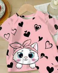 Pink Kitty with black hearts Printed Kids Wear