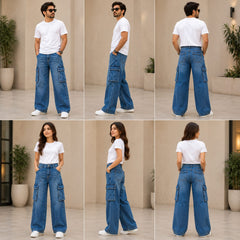 Unisex Mid Blue Baggy Denim Pants – 6 Pocket Wide-Leg Jeans