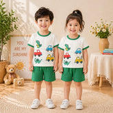 Kids Dinosaur & Vehicle Print T-Shirt & Shorts Co-Ord Set – Green
