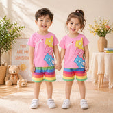Kids Rainbow Bear Print T-Shirt & Striped Shorts Co-Ord Set – Pink