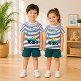 Kids Construction Vehicle Stripe T-Shirt & Shorts Co-Ord Set – Navy Blue