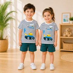 Kids Construction Vehicle Stripe T-Shirt & Shorts Co-Ord Set – Navy Blue