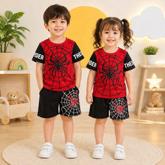 Kids Super Hero Spider Web Print T-Shirt & Shorts Co-Ord Set – Red & Black