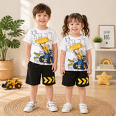 Kids Construction Loader Graphic T-Shirt & Shorts Co-Ord Set – White & Black