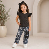Black Flutter Sleeve Top & Tropical Print Trouser Set for Girls