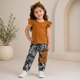 Girls Flutter Sleeve Top & Printed Bow Leggings 2-Piece Set