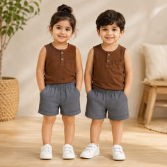 Brown SLEEVELESS SHORTS SET