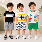Black Stripe , Yellow Printed , Dinosaur Print T-Shirt and Shorts 2-Piece Set ( Pack of three )