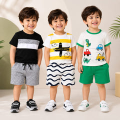 Black Stripe , Yellow Printed , Dinosaur Print T-Shirt and Shorts 2-Piece Set ( Pack of three )