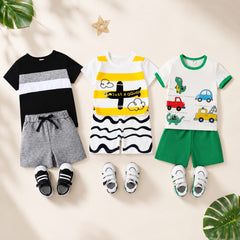 Black Stripe , Yellow Printed , Dinosaur Print T-Shirt and Shorts 2-Piece Set ( Pack of three )