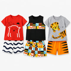 Red Bear , Black Sleeveless Geometric , Grey Tiger Print T-Shirt & Shorts Set ( Pack of three )