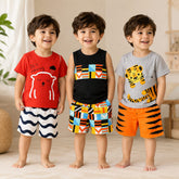Red Bear , Black Sleeveless Geometric , Grey Tiger Print T-Shirt & Shorts Set ( Pack of three ) (Copy)