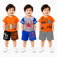 Tiger Print , Spider Hero , Construction Vehicle 2-Piece T-Shirt & Shorts Set ( Pack of three )