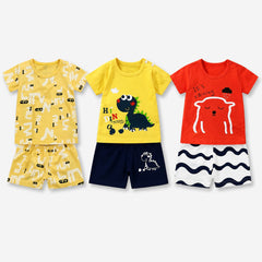 Yellow Dino, Alphabet & Red Bear Cotton T-Shirt & Shorts Co-Ord Set ( Pack of 3 )