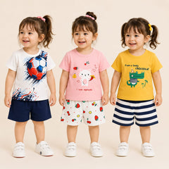 Soccer, Kitty & Crocodile Collection Cotton T-Shirt & Shorts Co-Ord Set ( Pack of 3 )