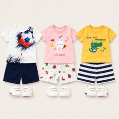 Soccer, Kitty & Crocodile Collection Cotton T-Shirt & Shorts Co-Ord Set ( Pack of 3 )