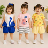 Blue Swan, Pink Hello Cat & Yellow Pineapple Cotton T-Shirt & Shorts Set (Pack of 3)